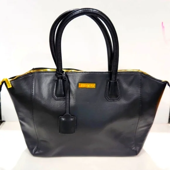 NEW!! Joy & Iman Black Split Leather w/ Gold Accents Large Tote Shoulder Bag - Picture 10 of 13